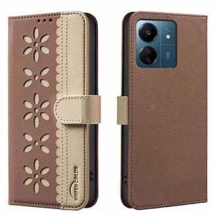 For Redmi 13C Splicing Color Hollow Flower Pattern RFID Leather Phone Case(Brown)