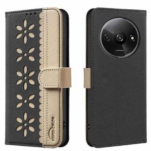 For Redmi A3 Splicing Color Hollow Flower Pattern RFID Leather Phone Case(Black)