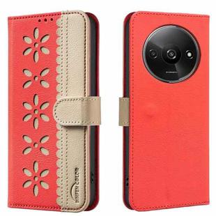 For Redmi A3 Splicing Color Hollow Flower Pattern RFID Leather Phone Case(Red)