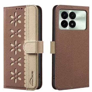 For Redmi K70 / K70 Pro Splicing Color Hollow Flower Pattern RFID Leather Phone Case(Brown)
