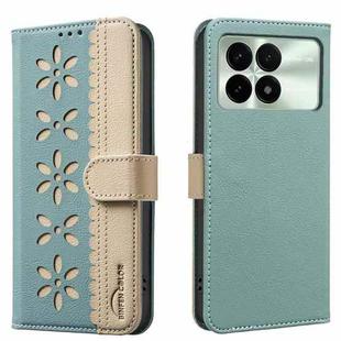 For Redmi K70 / K70 Pro Splicing Color Hollow Flower Pattern RFID Leather Phone Case(Green)