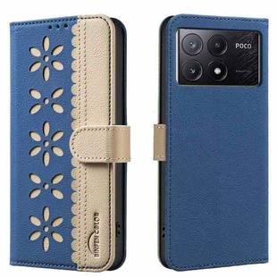For Redmi K70E Splicing Color Hollow Flower Pattern RFID Leather Phone Case(Dark Blue)