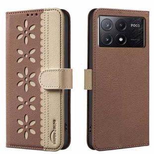 For Redmi K70E Splicing Color Hollow Flower Pattern RFID Leather Phone Case(Brown)