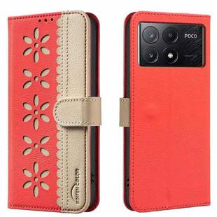 For Redmi K70E Splicing Color Hollow Flower Pattern RFID Leather Phone Case(Red)