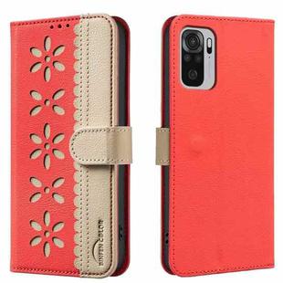 For Redmi Note 10 4G / Note 10S Splicing Color Hollow Flower Pattern RFID Leather Phone Case(Red)