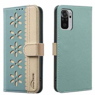 For Redmi Note 10 4G / Note 10S Splicing Color Hollow Flower Pattern RFID Leather Phone Case(Green)