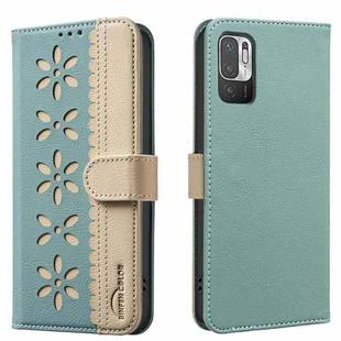 For Redmi Note 10 5G / Note 10T 5G Splicing Color Hollow Flower Pattern RFID Leather Phone Case(Green)