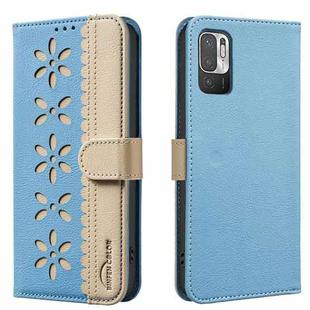 For Redmi Note 10 5G / Note 10T 5G Splicing Color Hollow Flower Pattern RFID Leather Phone Case(Baby Blue)