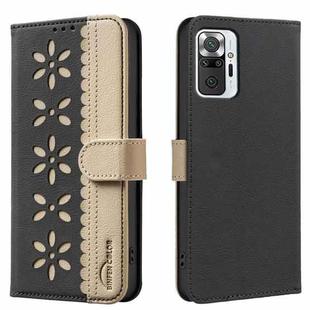 For Redmi Note 10 Pro / 10 Pro Max Splicing Color Hollow Flower Pattern RFID Leather Phone Case(Black)