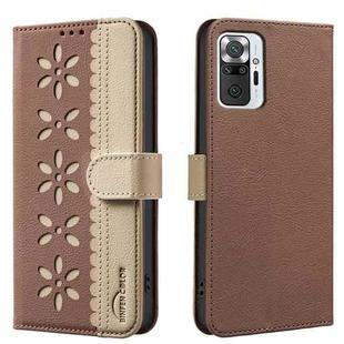 For Redmi Note 10 Pro / 10 Pro Max Splicing Color Hollow Flower Pattern RFID Leather Phone Case(Brown)