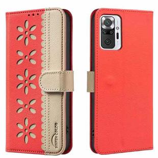 For Redmi Note 10 Pro / 10 Pro Max Splicing Color Hollow Flower Pattern RFID Leather Phone Case(Red)