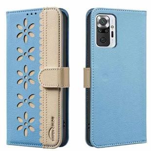 For Redmi Note 10 Pro / 10 Pro Max Splicing Color Hollow Flower Pattern RFID Leather Phone Case(Baby Blue)