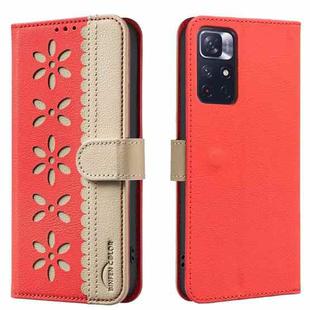For Redmi Note 11 / Note 11S Splicing Color Hollow Flower Pattern RFID Leather Phone Case(Red)