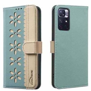 For Redmi Note 11 / Note 11S Splicing Color Hollow Flower Pattern RFID Leather Phone Case(Green)