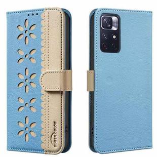 For Redmi Note 11 / Note 11S Splicing Color Hollow Flower Pattern RFID Leather Phone Case(Baby Blue)