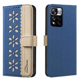 For Redmi Note 11 Pro Global 6.67 inch Splicing Color Hollow Flower Pattern RFID Leather Phone Case(Dark Blue)