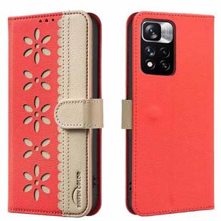For Redmi Note 11 Pro Global 6.67 inch Splicing Color Hollow Flower Pattern RFID Leather Phone Case(Red)