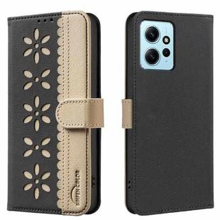 For Redmi Note 12 4G Splicing Color Hollow Flower Pattern RFID Leather Phone Case(Black)