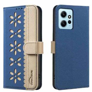 For Redmi Note 12 4G Splicing Color Hollow Flower Pattern RFID Leather Phone Case(Dark Blue)