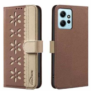 For Redmi Note 12 4G Splicing Color Hollow Flower Pattern RFID Leather Phone Case(Brown)