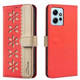 For Redmi Note 12 4G Splicing Color Hollow Flower Pattern RFID Leather Phone Case(Red)