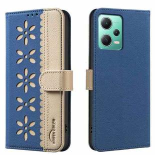 For Redmi Note 12 5G Splicing Color Hollow Flower Pattern RFID Leather Phone Case(Dark Blue)