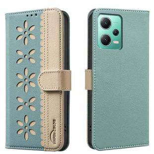 For Redmi Note 12 5G Splicing Color Hollow Flower Pattern RFID Leather Phone Case(Green)