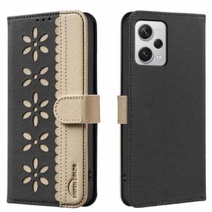 For Redmi Note 12 Pro+ Splicing Color Hollow Flower Pattern RFID Leather Phone Case(Black)