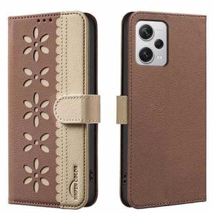 For Redmi Note 12 Pro+ Splicing Color Hollow Flower Pattern RFID Leather Phone Case(Brown)