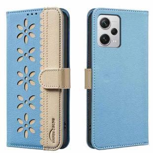 For Redmi Note 12 Pro+ Splicing Color Hollow Flower Pattern RFID Leather Phone Case(Baby Blue)