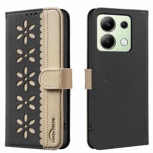 For Redmi Note 13 4G Global Splicing Color Hollow Flower Pattern RFID Leather Phone Case(Black)