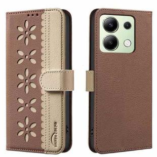 For Redmi Note 13 4G Global Splicing Color Hollow Flower Pattern RFID Leather Phone Case(Brown)