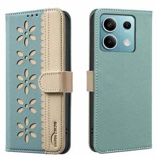 For Redmi Note 13 5G Splicing Color Hollow Flower Pattern RFID Leather Phone Case(Green)