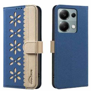 For Redmi Note 13 Pro 4G Splicing Color Hollow Flower Pattern RFID Leather Phone Case(Dark Blue)