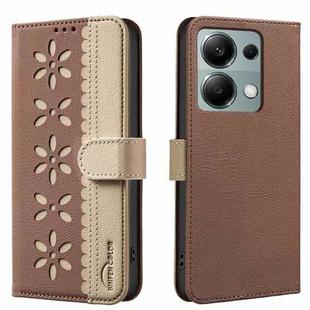 For Redmi Note 13 Pro 4G Splicing Color Hollow Flower Pattern RFID Leather Phone Case(Brown)