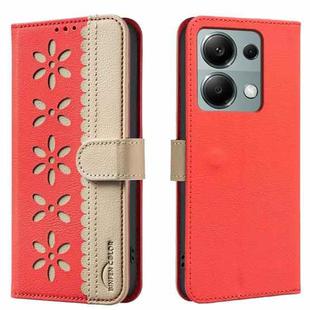 For Redmi Note 13 Pro 4G Splicing Color Hollow Flower Pattern RFID Leather Phone Case(Red)