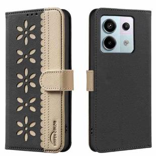 For Redmi Note 13 Pro 5G Splicing Color Hollow Flower Pattern RFID Leather Phone Case(Black)