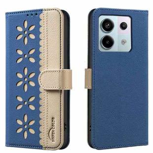 For Redmi Note 13 Pro 5G Splicing Color Hollow Flower Pattern RFID Leather Phone Case(Dark Blue)