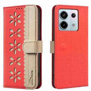 For Redmi Note 13 Pro 5G Splicing Color Hollow Flower Pattern RFID Leather Phone Case(Red)