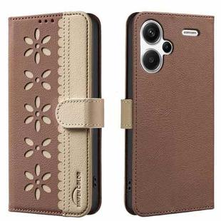 For Redmi Note 13 Pro+ 5G Splicing Color Hollow Flower Pattern RFID Leather Phone Case(Brown)
