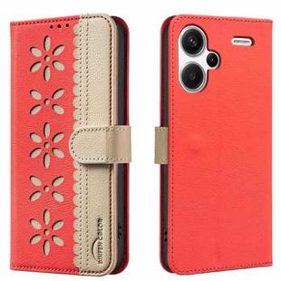 For Redmi Note 13 Pro+ 5G Splicing Color Hollow Flower Pattern RFID Leather Phone Case(Red)