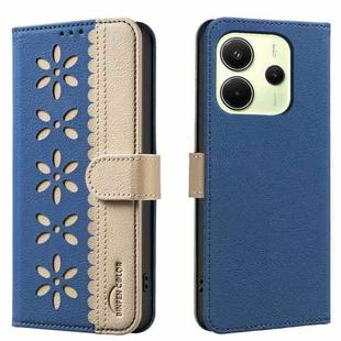 For Redmi Note 14 4G 163.25mm Splicing Color Hollow Flower Pattern RFID Leather Phone Case(Dark Blue)