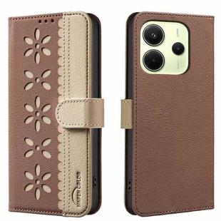 For Redmi Note 14 4G 163.25mm Splicing Color Hollow Flower Pattern RFID Leather Phone Case(Brown)