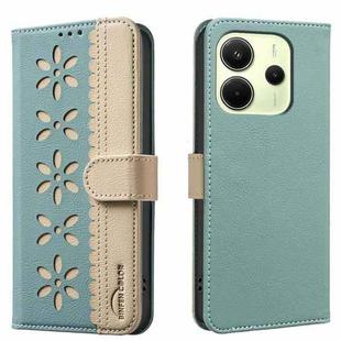 For Redmi Note 14 4G 163.25mm Splicing Color Hollow Flower Pattern RFID Leather Phone Case(Green)