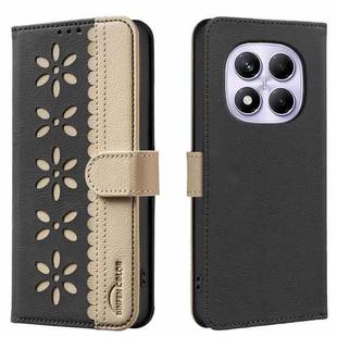 For Redmi Note 14 Pro 4G Splicing Color Hollow Flower Pattern RFID Leather Phone Case(Black)