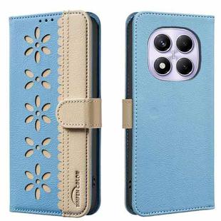 For Redmi Note 14 Pro 4G Splicing Color Hollow Flower Pattern RFID Leather Phone Case(Baby Blue)