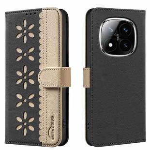 For Redmi Note 14 Pro 5G / 14 Pro+ 5G Splicing Color Hollow Flower Pattern RFID Leather Phone Case(Black)
