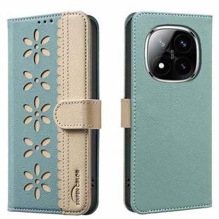 For Redmi Note 14 Pro 5G / 14 Pro+ 5G Splicing Color Hollow Flower Pattern RFID Leather Phone Case(Green)