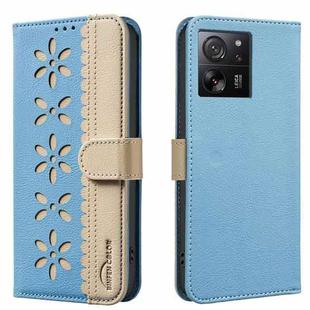 For Redmi K60 Ultra Splicing Color Hollow Flower Pattern RFID Leather Phone Case(Baby Blue)