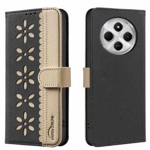 For Redmi 14C Splicing Color Hollow Flower Pattern RFID Leather Phone Case(Black)